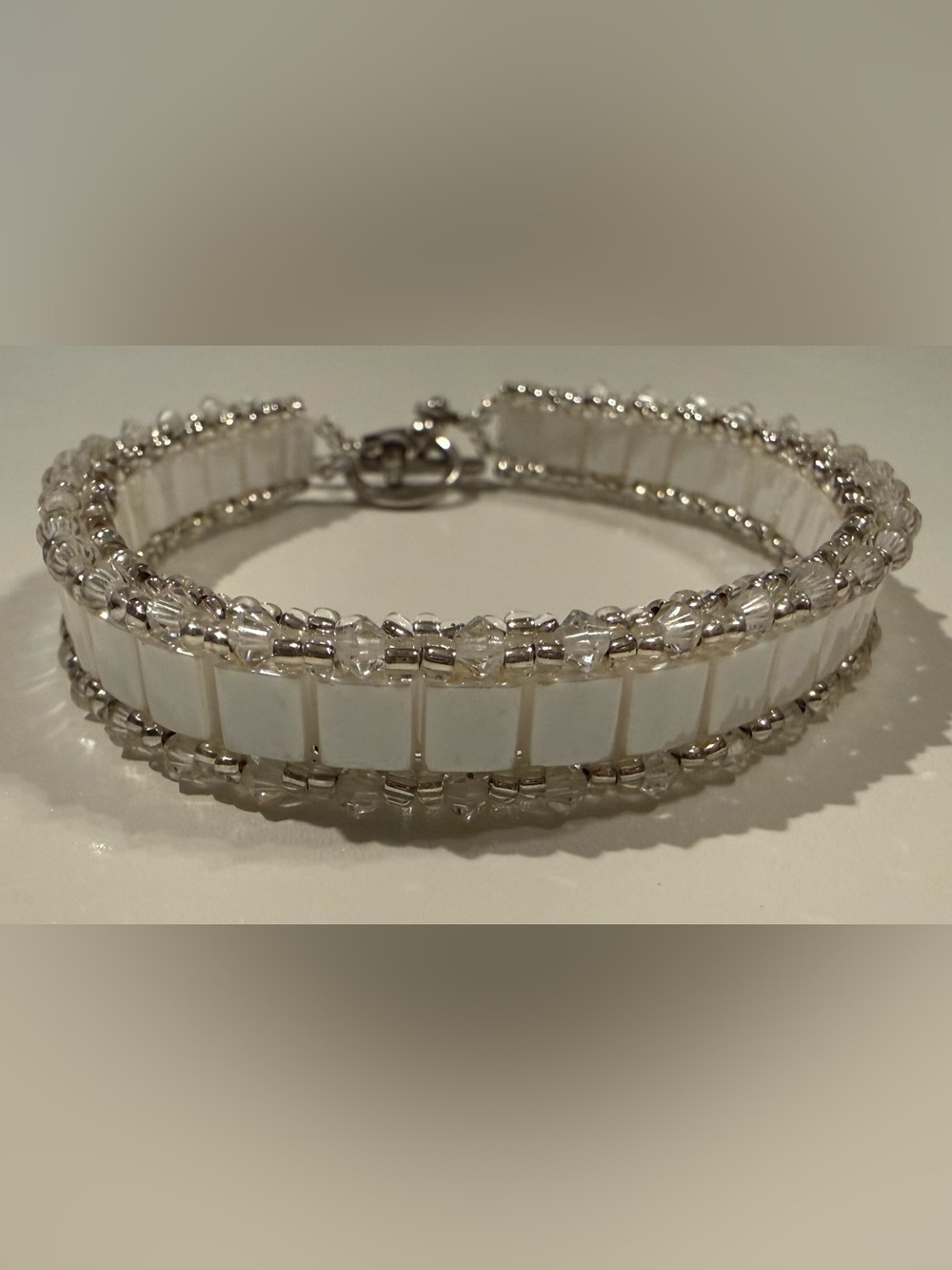Tila Beads In Antique Lace Pattern W/Crystal Beads Bangle Silver Toggle Clasp